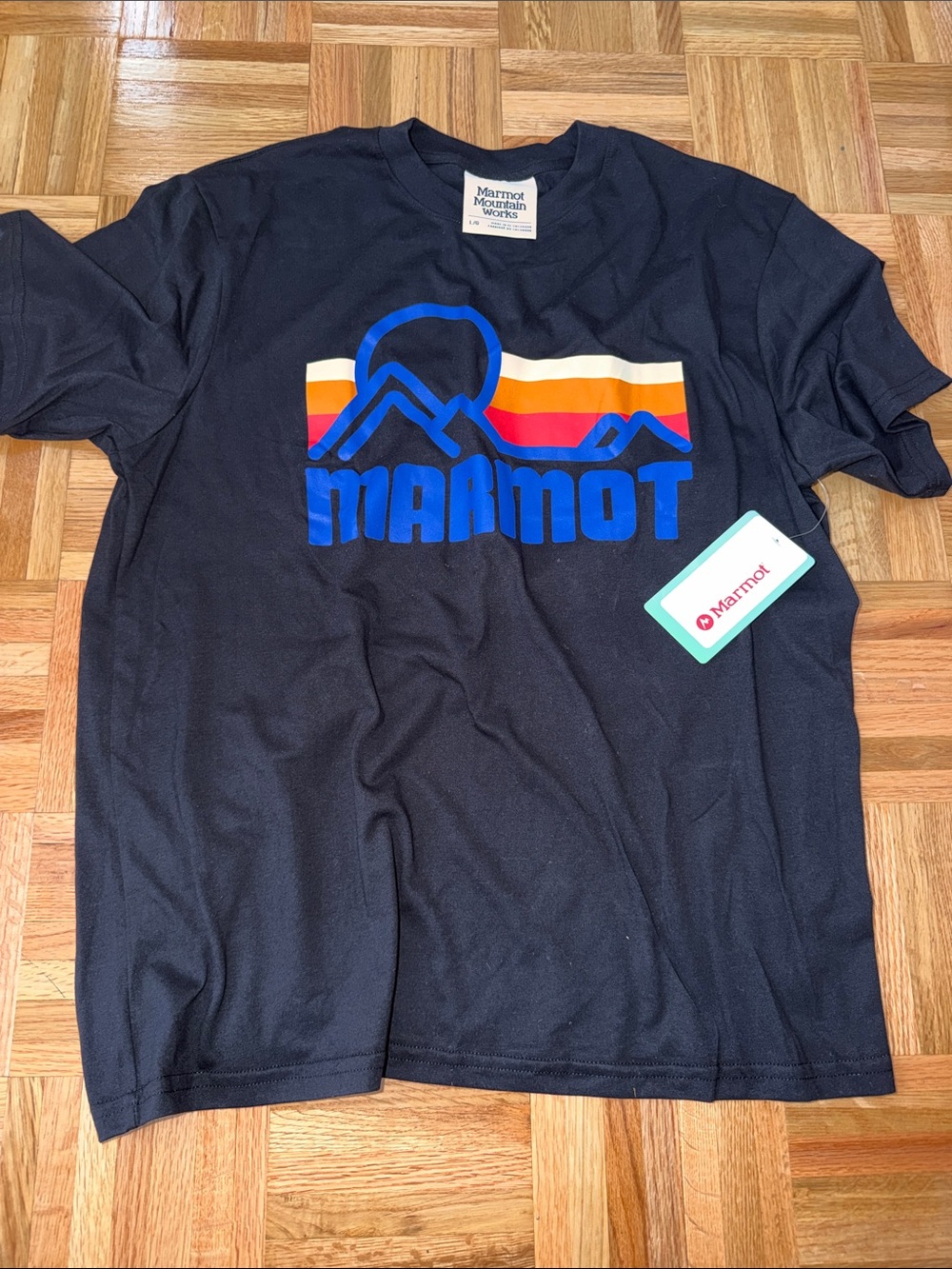 Marmot Men’s Black Short Sleeve Tee with Blue Logo and Multicolor Stripe